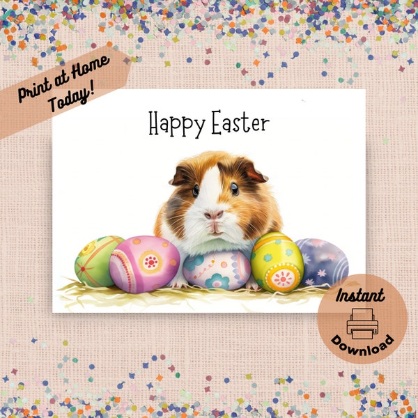 Printable Guinea Pig Easter Card, Instant Download Print at Home Easter Eggs Guinea Pig Greeting, Watercolor Baby Animal Easter Basket Gift