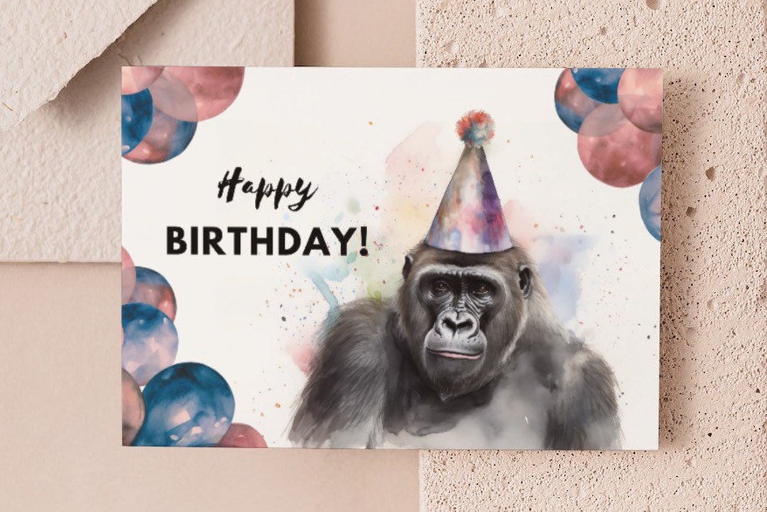 Gorilla Birthday Card With Party Hat Happy Birthday Ape - Etsy