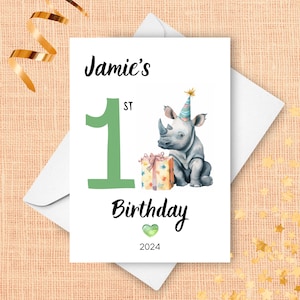 Cartão de primeiro aniversário de rinoceronte, presente de um ano, presente personalizado de rinoceronte fofo com nome personalizado, animal de safari em aquarela de primeiro aniversário