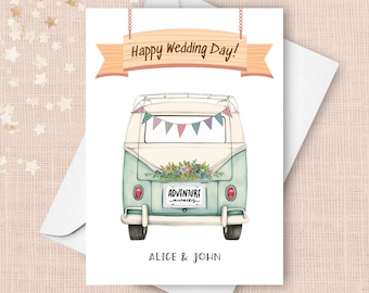 Personalized Camper Wedding Card, Happy Wedding Day Congratulations Card, Adventure Awaits Card, Vintage Retro Camper, Custom Couple Names