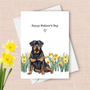 Muttertagskarte von Rottweiler, Haustierhund glücklicher Muttertagsgruß, gelbes Narzissengeschenk für Mutter, Frühlingsblumen-Aquarellgeschenk
