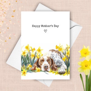 Aanwijzer Moederdagkaart, van hond gelukkige Moederdaggroet, gele narcissen cadeau voor moeder, Engelse lentebloemen aquarel aanwezig