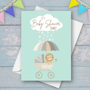 Baby Shower Card with Cute Lion Cub in a Buggy Pram with Umbrella, Gender Neutral Safari Wild Animal Theme Card for New Baby & Parents