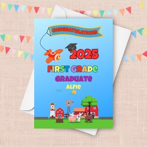 Cartão de formatura da primeira série, cartão de felicitações personalizado para alunos da primeira série 2025, personalizado com nome, fazenda com avião e animais