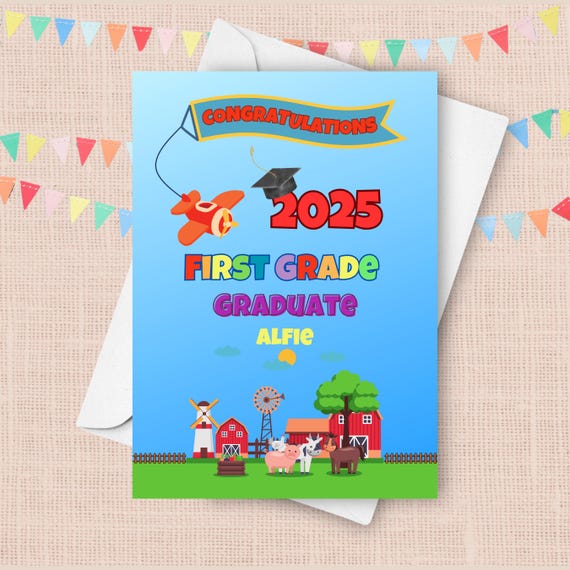 First Grade Graduation Card, 2026 Personalized Congratulations Card for First Grader, Customized With Name, Farm With Airplane and Animals - Etsy First Grade Graduation Card, 2026 Personalized Congratulations Card for First Grader, Customized With Name, Farm With Airplane and Animals - Etsy