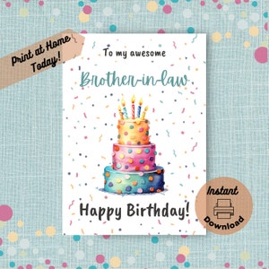 Carte d'anniversaire imprimable pour beau-frère, téléchargement numérique instantané, impression à la maison, carte d'anniversaire de belle-soeur, gâteau confettis