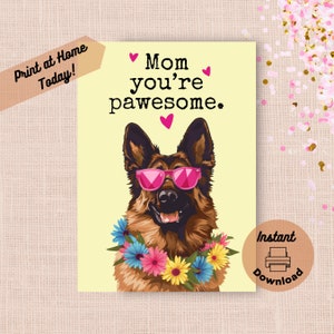 Tarjeta imprimible para el Día de la Madre de un Pastor Alemán, descarga instantánea, imprime en casa, regalo divertido y divertido para mamá, gafas de sol con forma de perro feliz.