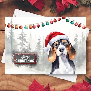 Tarjeta navideña de Beagle, feliz Navidad, lindo perro Beagle con gorro de Papá Noel en una escena invernal nevada, ilustración de acuarela de regalo navideño