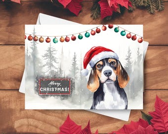 Beagle Christmas Card, Merry Christmas Cute Beagle Dog Wearing Santa Hat In A Snowy Wintery Scene, Holiday Gift Watercolor Illustration