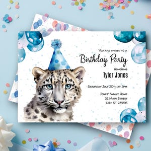 May include: Birthday party invitation featuring a watercolor illustration of a snow leopard wearing a party hat. The invitation text reads "You are invited to a Birthday Party honoring Tyler Jones" with event details.