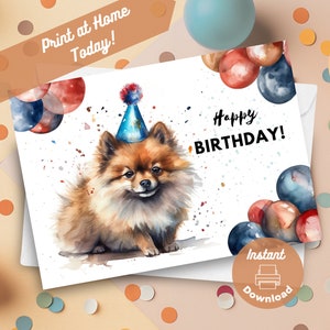 Pommern Geburtstagskarte, Sofort Download, Print at Home Karte, Pommern Portrait, Haustier Hund Geschenk, Aquarell Illustration