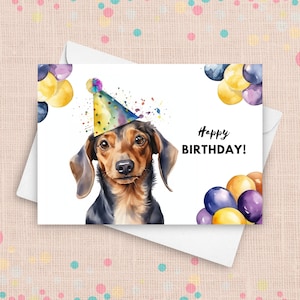 Teckel verjaardagskaart, gelukkige verjaardagsfeestje hoed en ballonnen, teckel cadeaus, van hond cadeau, teckel moeder, aquarel illustratie