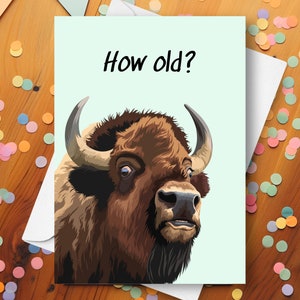 Lustige Büffel-Geburtstagskarte, Bison-Geburtstagsgeschenk, wie alt überrascht, neckender humorvoller Witzgruß, immer älter alternder amerikanischer Bison Geschenk