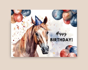 Horse Birthday Card With Party Hat, Happy Birthday, Horse Gift, Farm Stable Animal Birthday Greeting Card, Watercolor Art Illustration