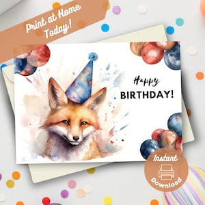 Carte d'anniversaire imprimable renard, téléchargement immédiat, impression à la maison, cadeau animal de la forêt, voeux de la faune de la côte, illustration aquarelle