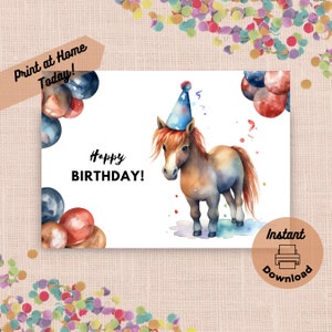 Cartão de aniversário de pônei para impressão, download digital instantâneo, cartão para impressão em casa, pônei fofo com chapéu de festa e balões, ilustração em aquarela