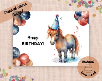 Biglietto d'auguri stampabile per pony, biglietto per stampa a casa con download digitale istantaneo, pony carino con cappello da festa e palloncini, illustrazione ad acquerello