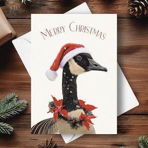 Carte de Noël de l'oie du Canada, guirlande de poinsettias rouges bonnet de noel oie, cadeau de vacances oiseau aquatique, illustration d'art aquarelle