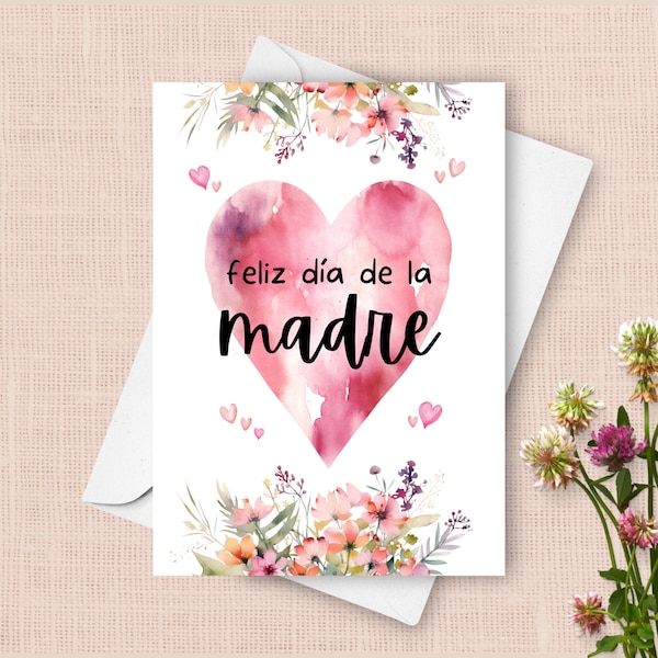 Tarjeta del Día de la Madre en español, Feliz Día De La Madre, Tarjeta interior en blanco para mamá, Ilustración floral original en acuarela