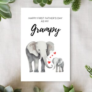 Carte de fête des pères Grampy First, carte de bébé, coeurs d'éléphant aquarelle, joyeux premier grand-père de fête des pères, nom personnalisé personnalisé