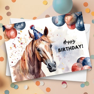 Carte d'anniversaire cheval avec chapeau de fête, joyeux anniversaire, cadeau cheval, carte de voeux d'anniversaire animal d'écurie de ferme, illustration d'art aquarelle