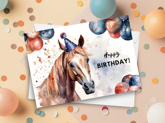 Horse Birthday Card With Party Hat, Happy Birthday, Horse Gift, Farm Stable Animal Birthday Greeting Card, Watercolor Art Illustration