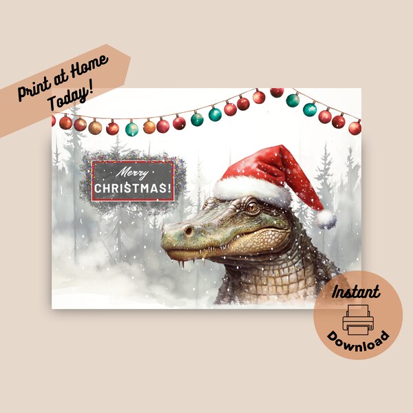 Printable Alligator Christmas Card, Instant Digital Download Print at Home Card, Funny Santa Hat, Alligator Gift, Watercolor Illustration