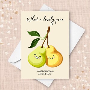 Tarjeta de boda personalizada con un encantador juego de palabras de pera, bonito regalo de felicitación de pera, nombres de pareja personalizados, divertido regalo de celebración de boda.