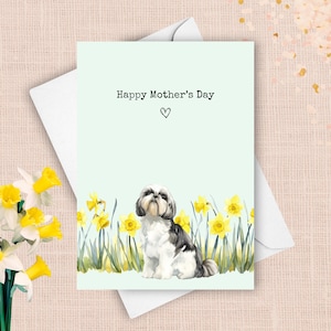 Carte de fête des mères shih tzu, voeux de bonne fête des mères gris chien de compagnie, cadeau jonquilles jaunes pour maman, cadeau aquarelle fleurs de printemps