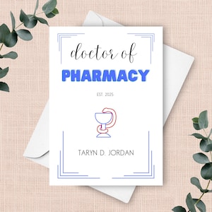 Carte de remise des diplômes PharmD, 2025 Carte de félicitations personnalisée pour docteur en pharmacie, pharmacien Pharm.D. Diplôme d'études collégiales
