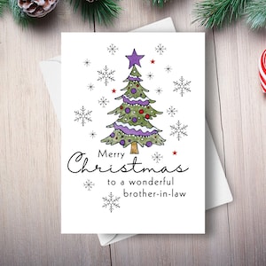 Tarjeta de Navidad para cuñado, Para un maravilloso cuñado Feliz Navidad, Ilustración de dibujos animados de árbol de Navidad y copos de nieve Saludo