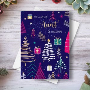 Tante kerstkaart, voor een speciale tante met kerst, minimalistische gouden kerstboom en huidige illustraties, vakantiegroet voor tante