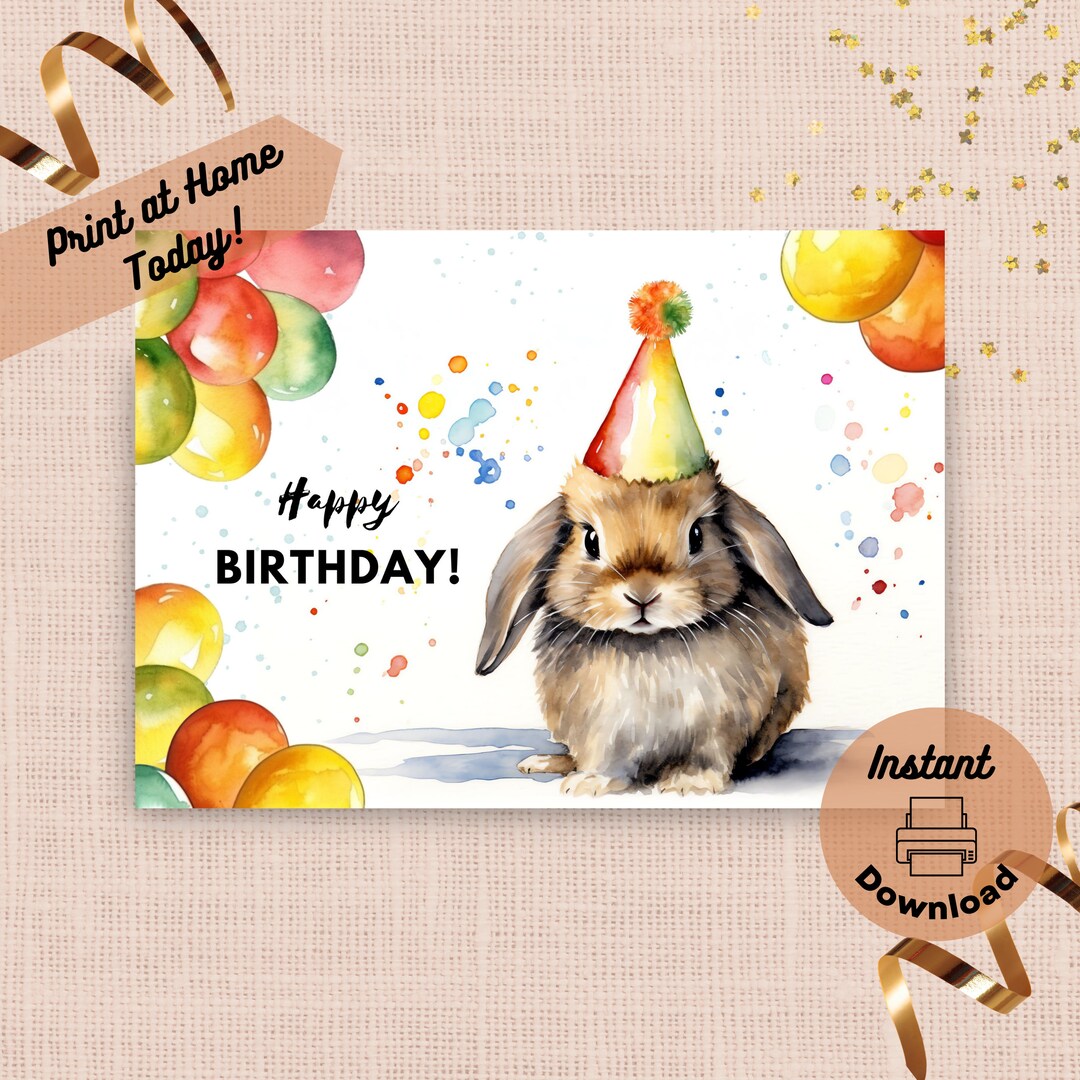 Printable Rabbit Birthday Card, Instant Download, Print at Home Card ...