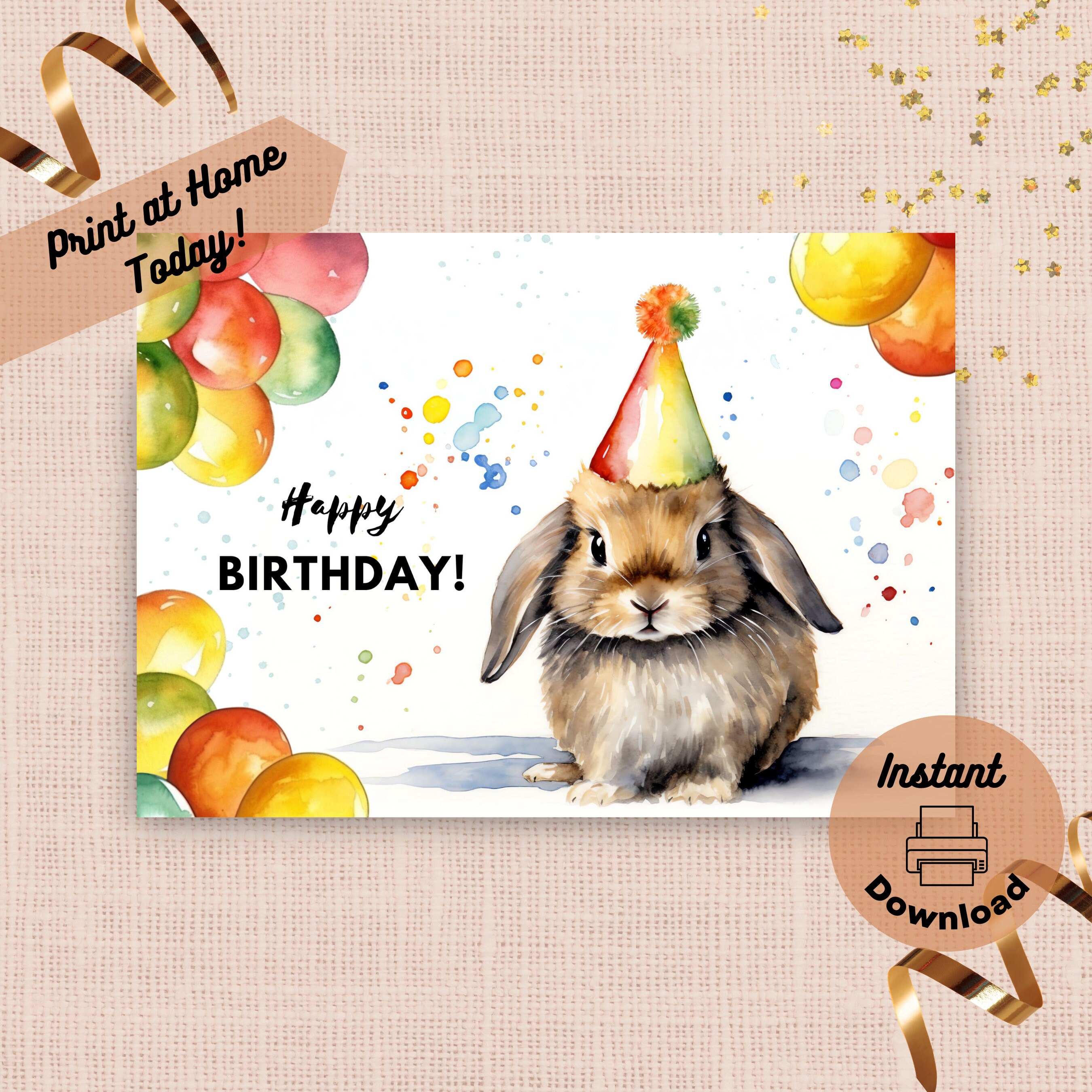 Printable Rabbit Birthday Card, Instant Download, Print at Home Card ...
