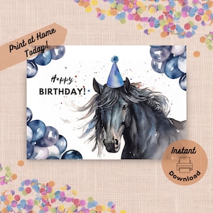 Printable Black Horse Birthday Card, Instant Digital Download Print at Home Card, Friesian Horse with Balloons and Party Hat, Watercolor