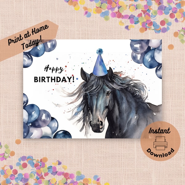 Carte d'anniversaire imprimable en téléchargement numérique, impression à la maison, cheval frison avec ballons et chapeau de fête, aquarelle