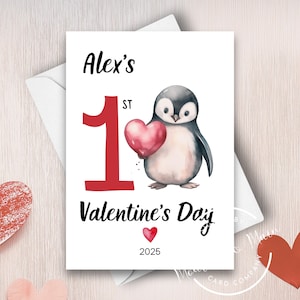 Premier bébé pingouin de la Saint-Valentin, première Saint-Valentin 2024 de bébé, carte de Saint-Valentin personnalisée mignon pingouin avec nom personnalisé