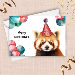 Cartão de aniversário de panda vermelho, chapéu de feliz aniversário, presente de zoológico, presente de animal selvagem, ilustração de retrato em aquarela colorida