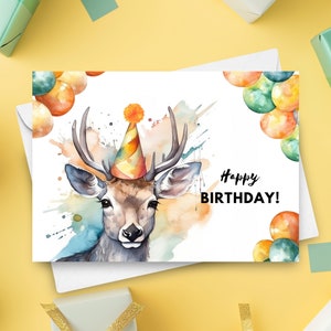Herten verjaardagskaart met feestmuts, gelukkige verjaardag, hertencadeau, boswild dier verjaardag wenskaart, aquarel kunst illustratie