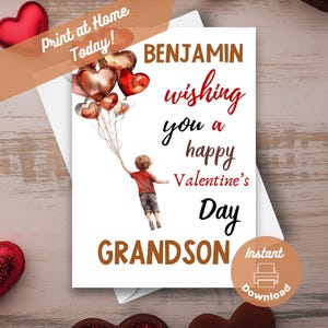 Tarjeta de San Valentín imprimible para nieto, descarga instantánea, tarjeta para imprimir en casa, tarjeta de San Valentín personalizada editable con nombre personalizado