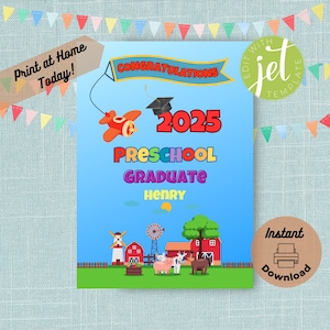 Carte imprimable de remise des diplômes préscolaires, modèle modifiable à imprimer à la maison, carte de félicitations, nom d'enfant personnalisé, ferme avec avion et animaux