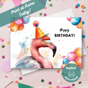 Carte d'anniversaire imprimable en téléchargement numérique, impression à la maison, cadeau oiseau tropical, carte de voeux aquarelle sur le thème des animaux