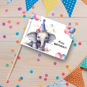 Printable Elephant Birthday Cupcake Topper, Instant Download Print at Home Custom Happy Birthday Cupcake Pick, DIY Craft Cake Party Decor