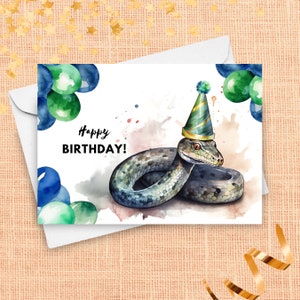 Schlange Geburtstagskarte, Geburtstag Partyhut und Luftballons, Grüne Schlange Geburtstagskarte, Schlange Geburtstagsparty, bunte Aquarell Illustration