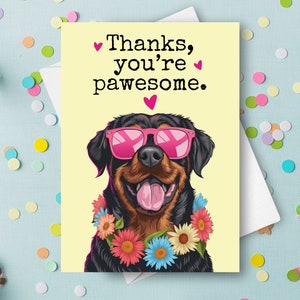 Funny Rottweiler Thank You Card, Pet Dog Thanks Humorous Pun Greeting, Custom Name Personalized Gift, Happy Dog With Sunglasses Present
