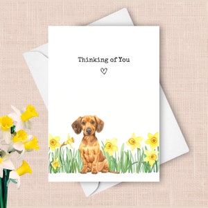 Carte pensant à vous teckel, chien de compagnie envoyant des voeux d'amour, cadeau de sympathie jonquilles jaunes, cadeau aquarelle fleurs hot-dog