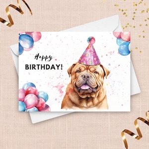 Tarjeta de cumpleaños de un shar-pei chino, sombrero y globos para fiesta de cumpleaños, retrato de un shar-pei, regalo para tu mascota, ilustración colorida en acuarela.