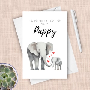 Tarjeta del primer día del padre de Pappy, tarjeta de bebé, corazones de elefante de acuarela, feliz primer día del padre, abuelo, nombre personalizado