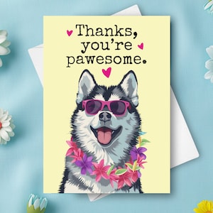 Carte de remerciement drôle de husky sibérien, remerciement humoristique pour chien, cadeau personnalisé avec nom personnalisé, cadeau de chien heureux avec des lunettes de soleil