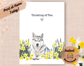 Printable Husky Thinking of You Card, Instant Download Print at Home Yellow Daffodils Gift, Siberian Husky Flowers Watercolor Present
